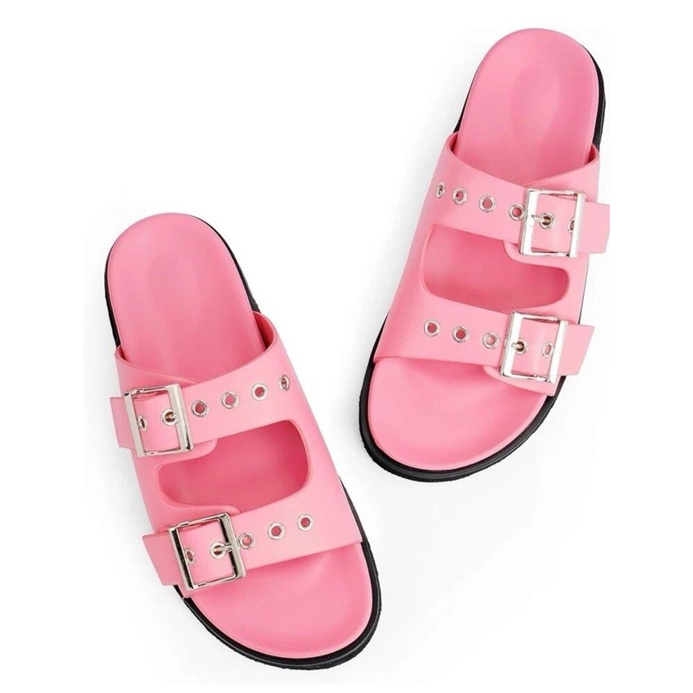 Easyfox Pink Slides Sandals Shoes Women's‎ Size 7.5 Double Buckle Adjustable NEW